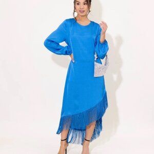 Alden Adair Valentina Midi Dress S Neptune Blue Fringe Cocktail Party Asymmetric